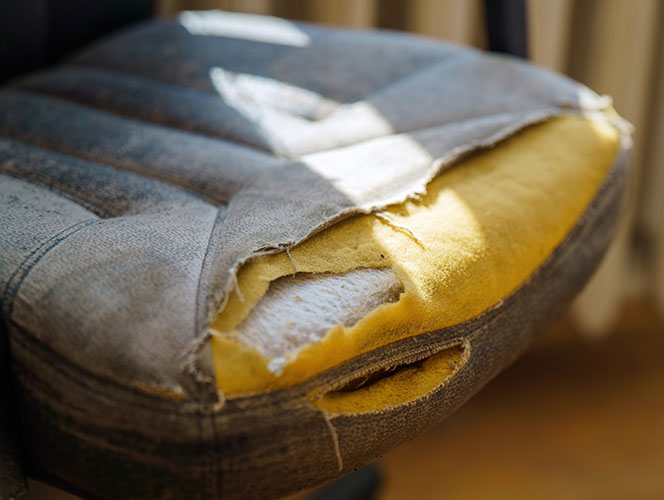 A very worn seat cushion with exposed foam