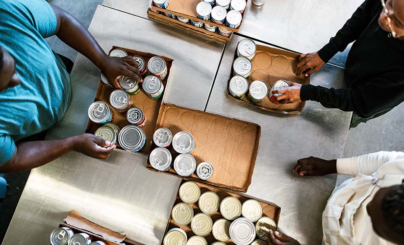 Overhead view of a canned food drive